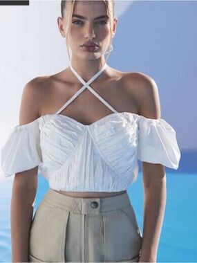 cult gaia White Off-Shoulder Crisscross Ruched Crop Top